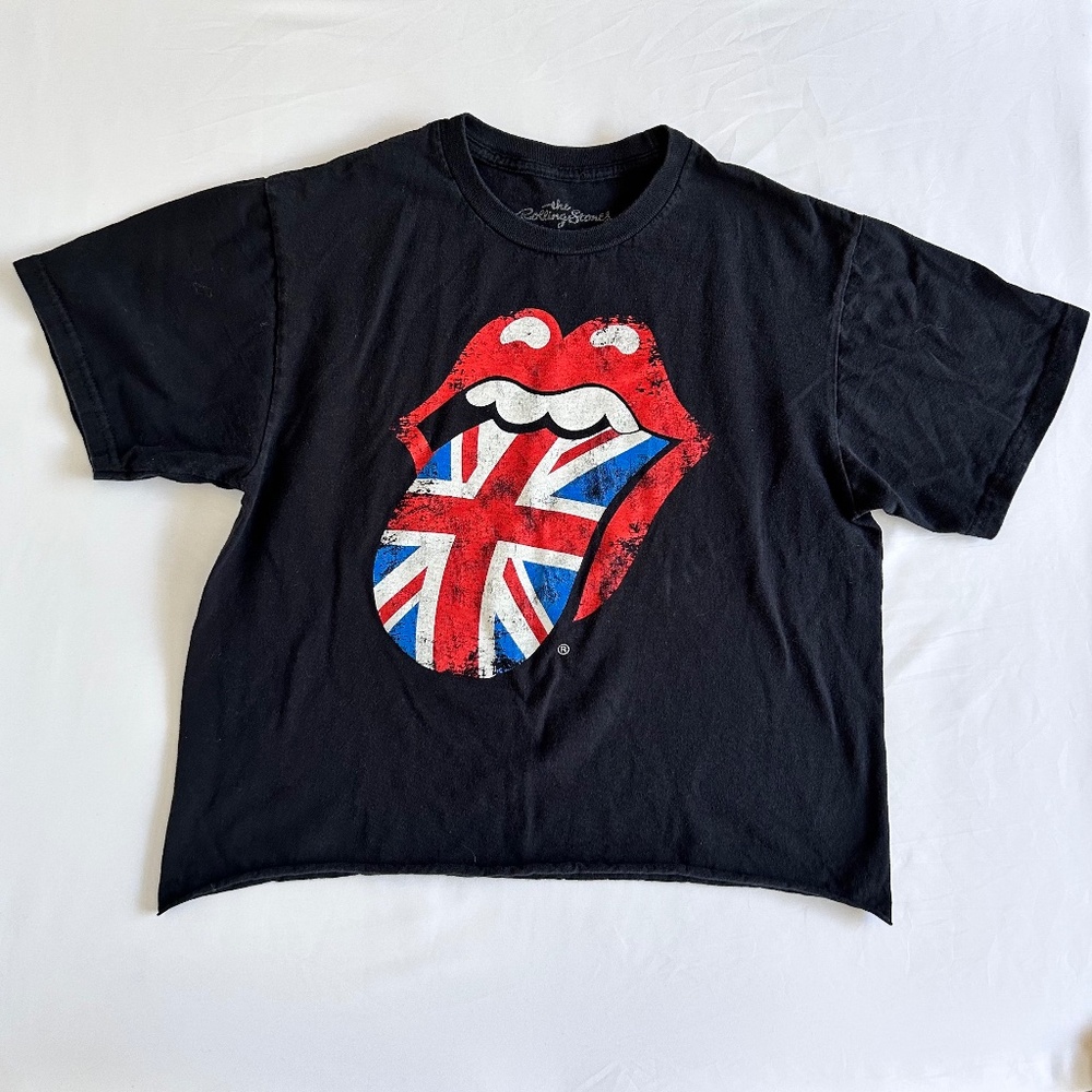 Rolling Stones Black Crop T-Shirt Rare Union Jack Tongue Logo Women's Sz M